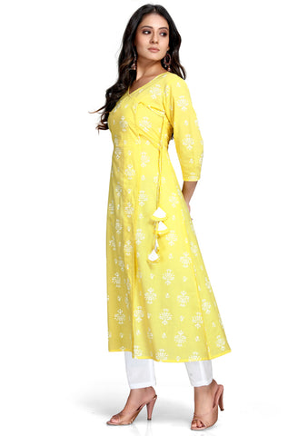 Yellow And White Pure Cambric Cotton Printed Kurta With Palazzo