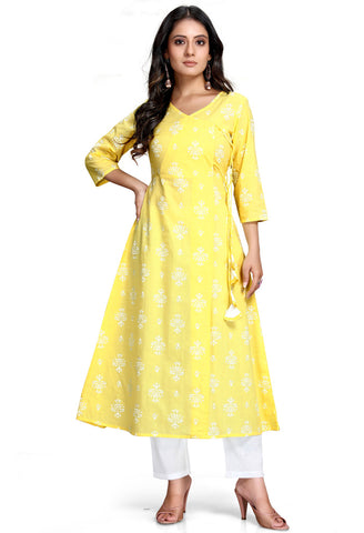 Yellow And White Pure Cambric Cotton Printed Kurta With Palazzo