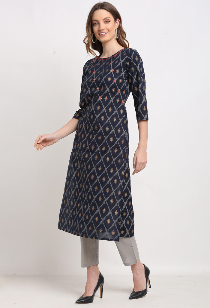 Navy Blue And Grey Pure Cambric Cotton Embroidered Kurta With Pant