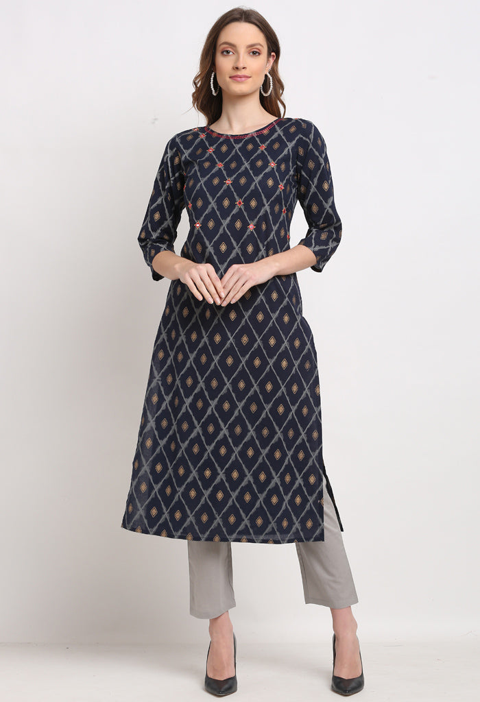 Navy Blue And Grey Pure Cambric Cotton Embroidered Kurta With Pant