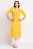 Yellow Pure Cambric Cotton Printed Kurta With Pant
