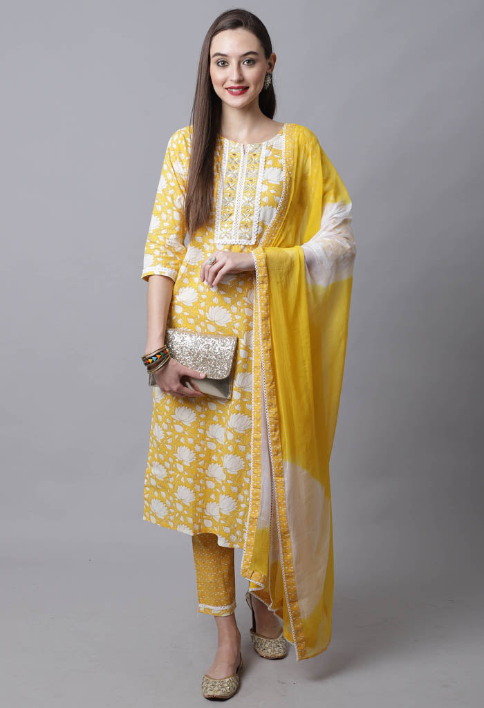 Pure Cotton Jaipuri Printed & Embroidered Kurta Set With Dupatta