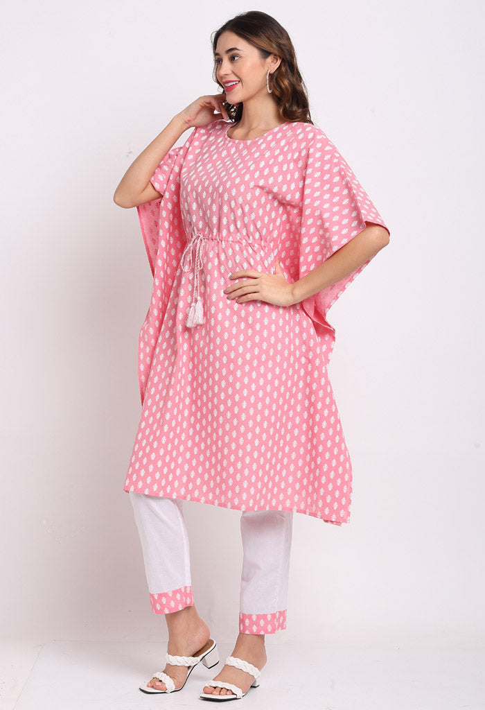 Pink Pure Cambric Cotton Printed Kaftan With Pant