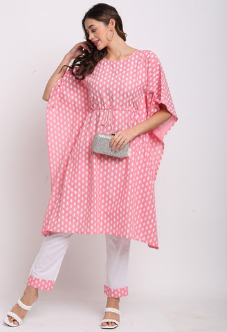 Pink Pure Cambric Cotton Printed Kaftan With Pant