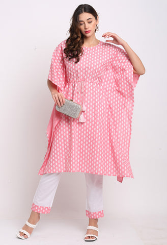 Pink Pure Cambric Cotton Printed Kaftan With Pant