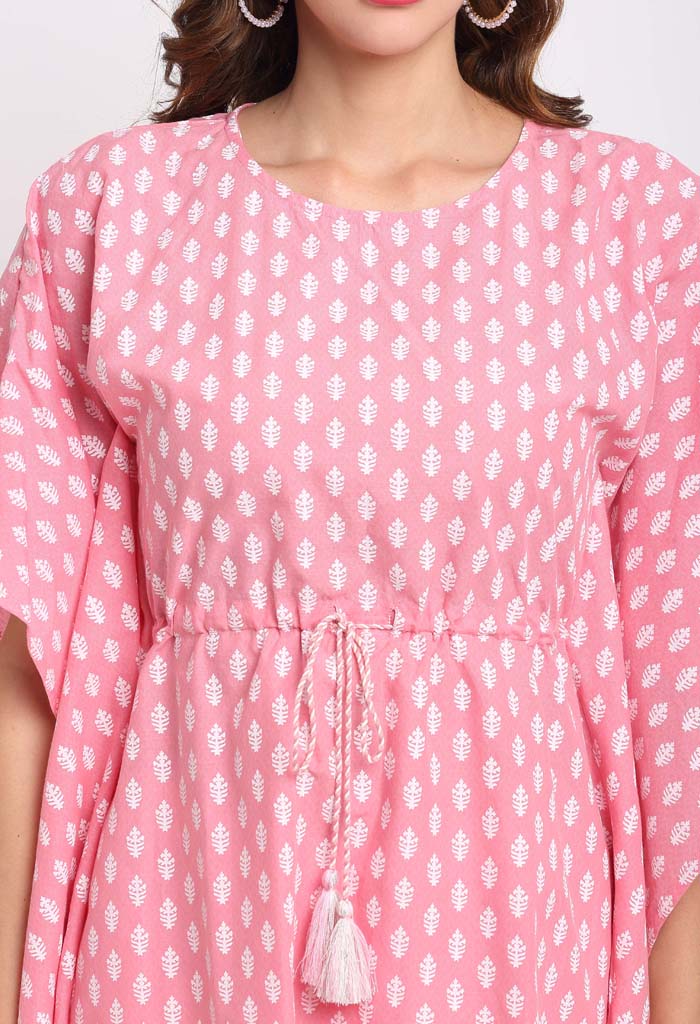 Pink Pure Cambric Cotton Printed Kaftan With Pant