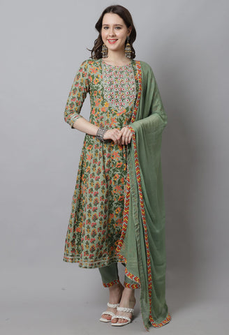 Green Pure Cotton Embroidered Anarkali Kurta With Pant & Dupatta