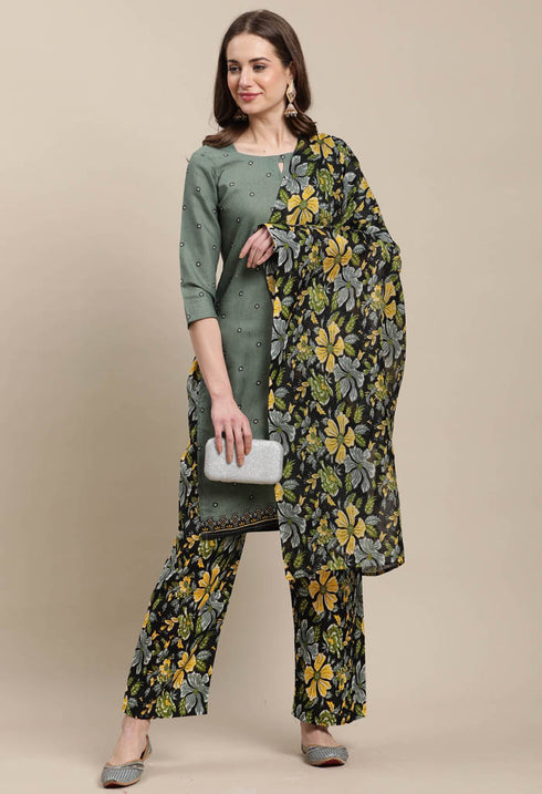 Rajnandini Olive Green Cotton Blend Printed Salwar Suit