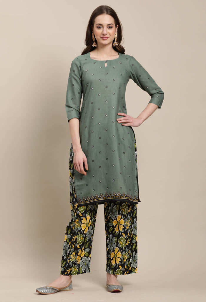 Rajnandini Olive Green Cotton Blend Printed Salwar Suit