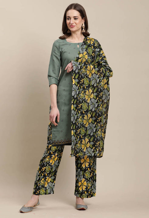 Rajnandini Olive Green Cotton Blend Printed Salwar Suit