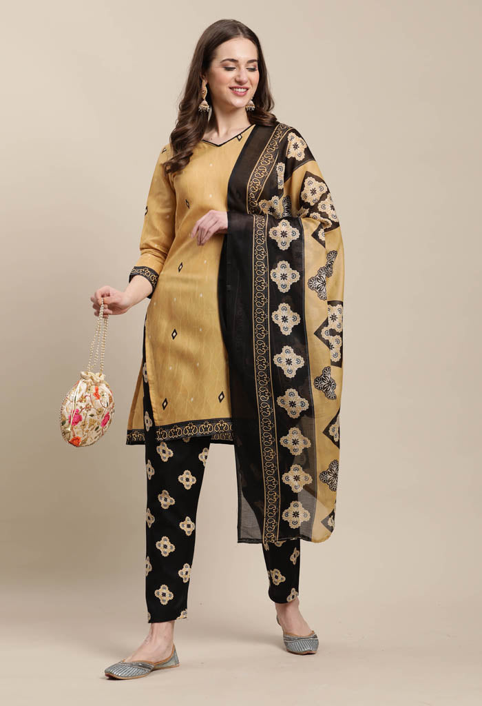 Rajnandini Beige Cotton Blend Printed Salwar Suit