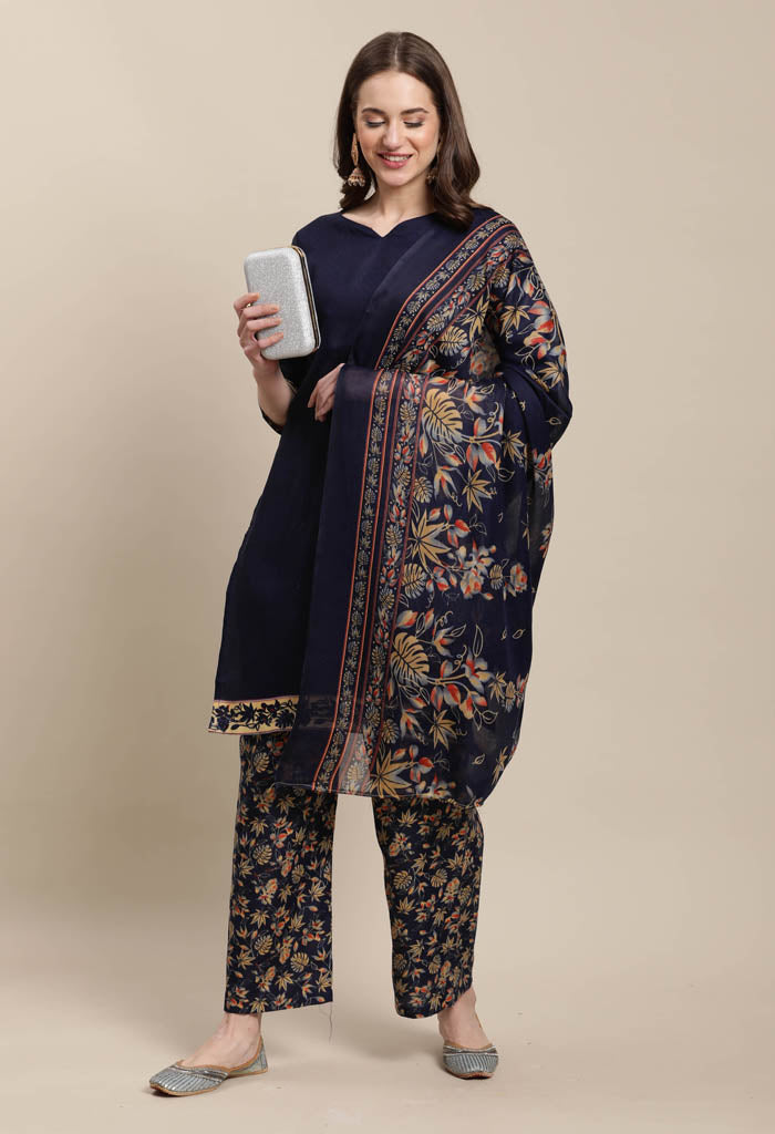 Navy Blue Cotton Printed Salwar Suit with Dupatta