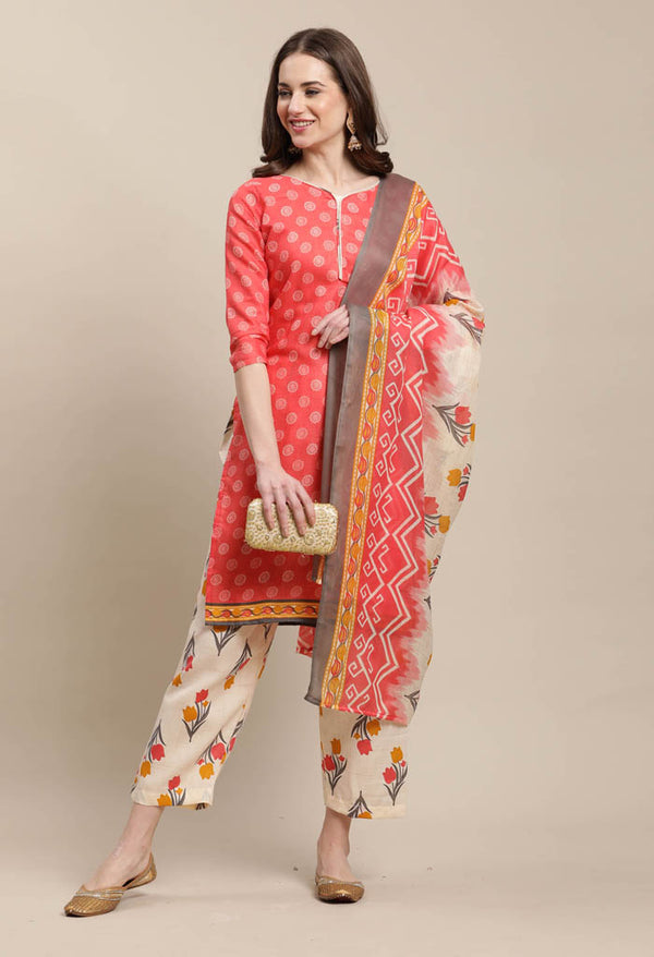 Rajnandini Peach Cotton Blend Printed Salwar Suit