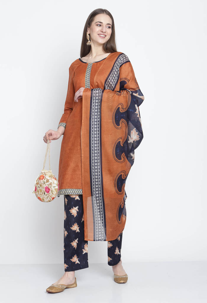 Rajnandini Brown Cotton Blend Printed Salwar Suit