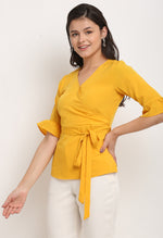 Load image into Gallery viewer, Yellow Polyester Solid Peplum Wrap Top