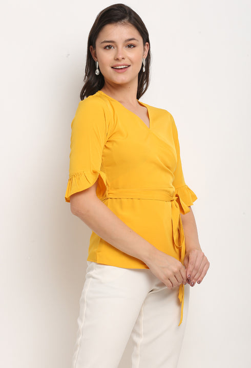 Yellow Polyester Solid Peplum Wrap Top