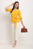 Yellow Polyester Solid Peplum Wrap Top