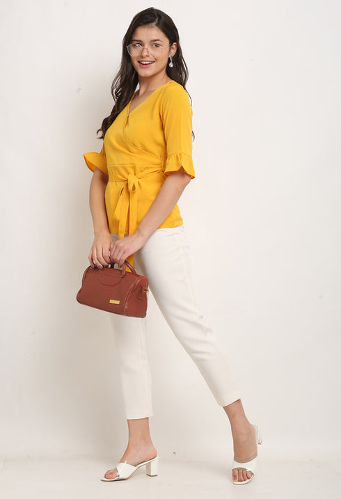Yellow Polyester Solid Peplum Wrap Top