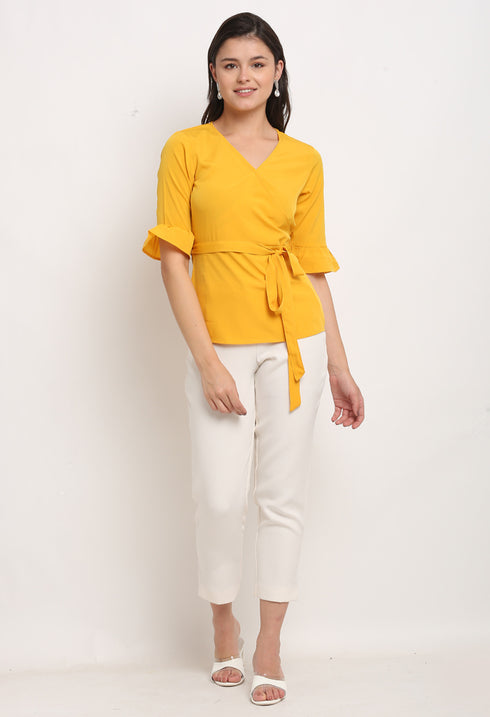 Yellow Polyester Solid Peplum Wrap Top