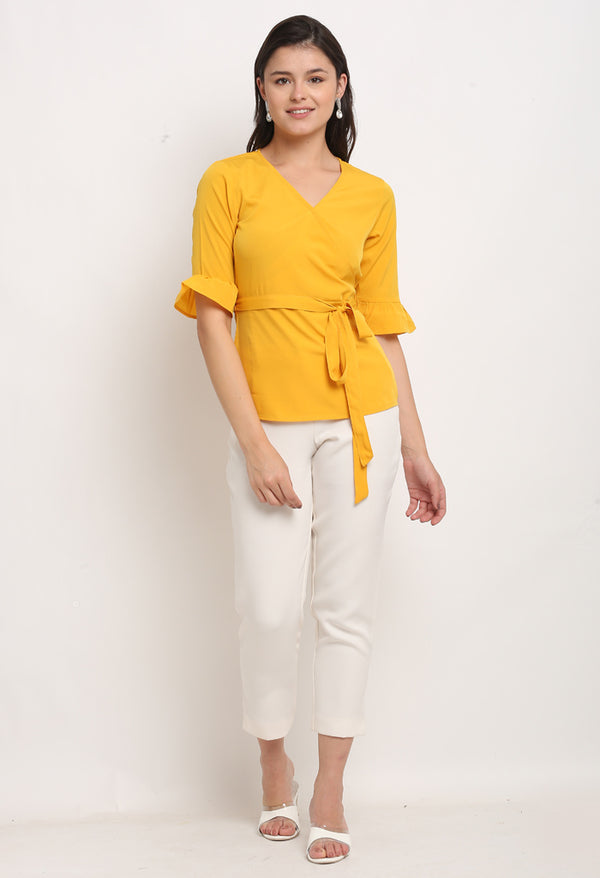 Yellow Polyester Solid Peplum Wrap Top