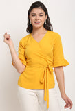 Yellow Polyester Solid Peplum Wrap Top