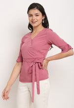 Load image into Gallery viewer, Pink Polyester Solid Peplum Wrap Top

