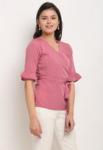 Load image into Gallery viewer, Pink Polyester Solid Peplum Wrap Top