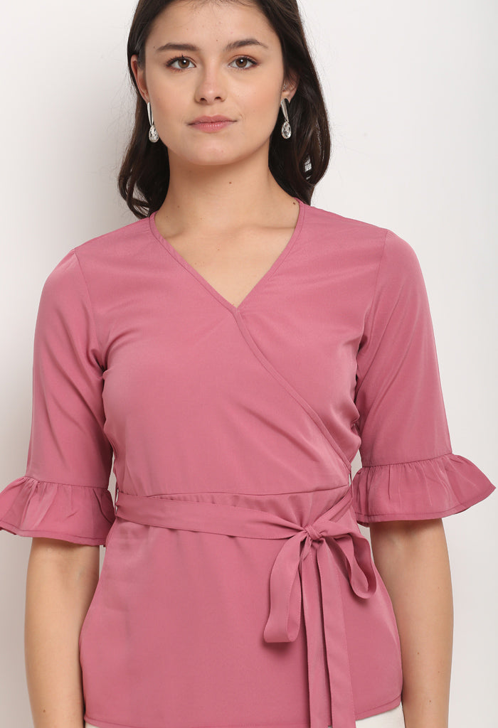 Pink Polyester Solid Peplum Wrap Top